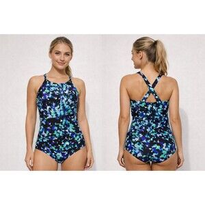Speedo One Piece Swimsuit Womens Large Black Blue Floral Multicolor Competition